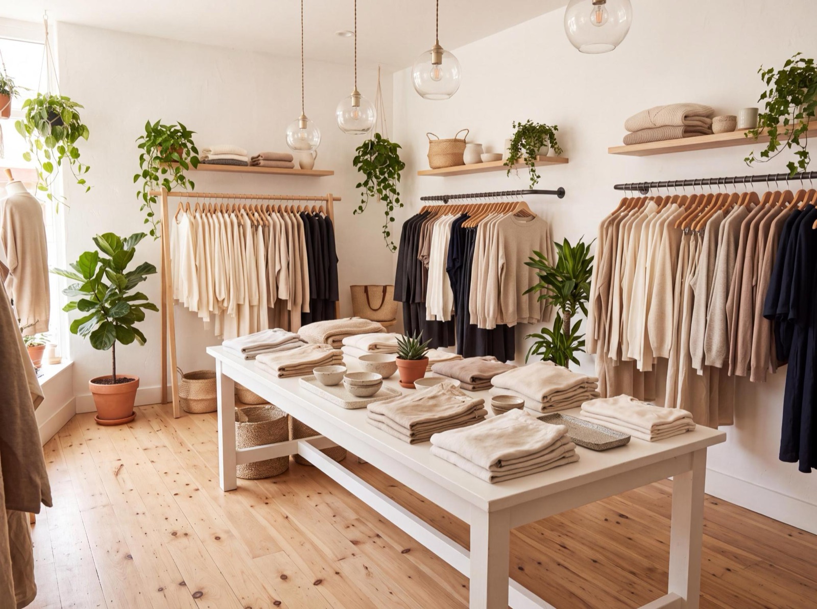 Light filled boutique interior with clothing racks and a folded knitwear table