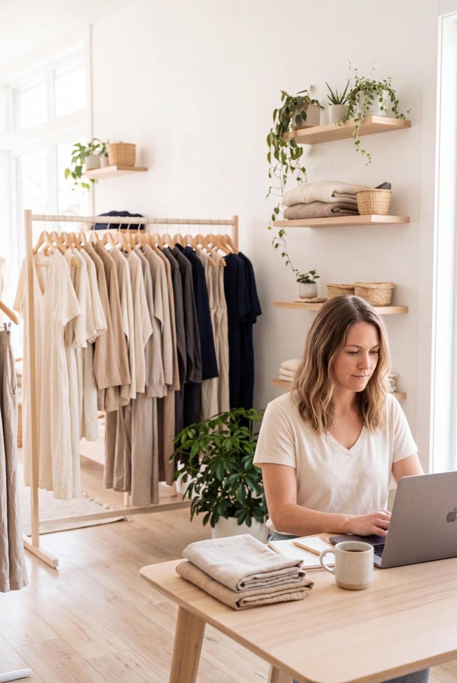 Boutique owner working on a laptop in her shop